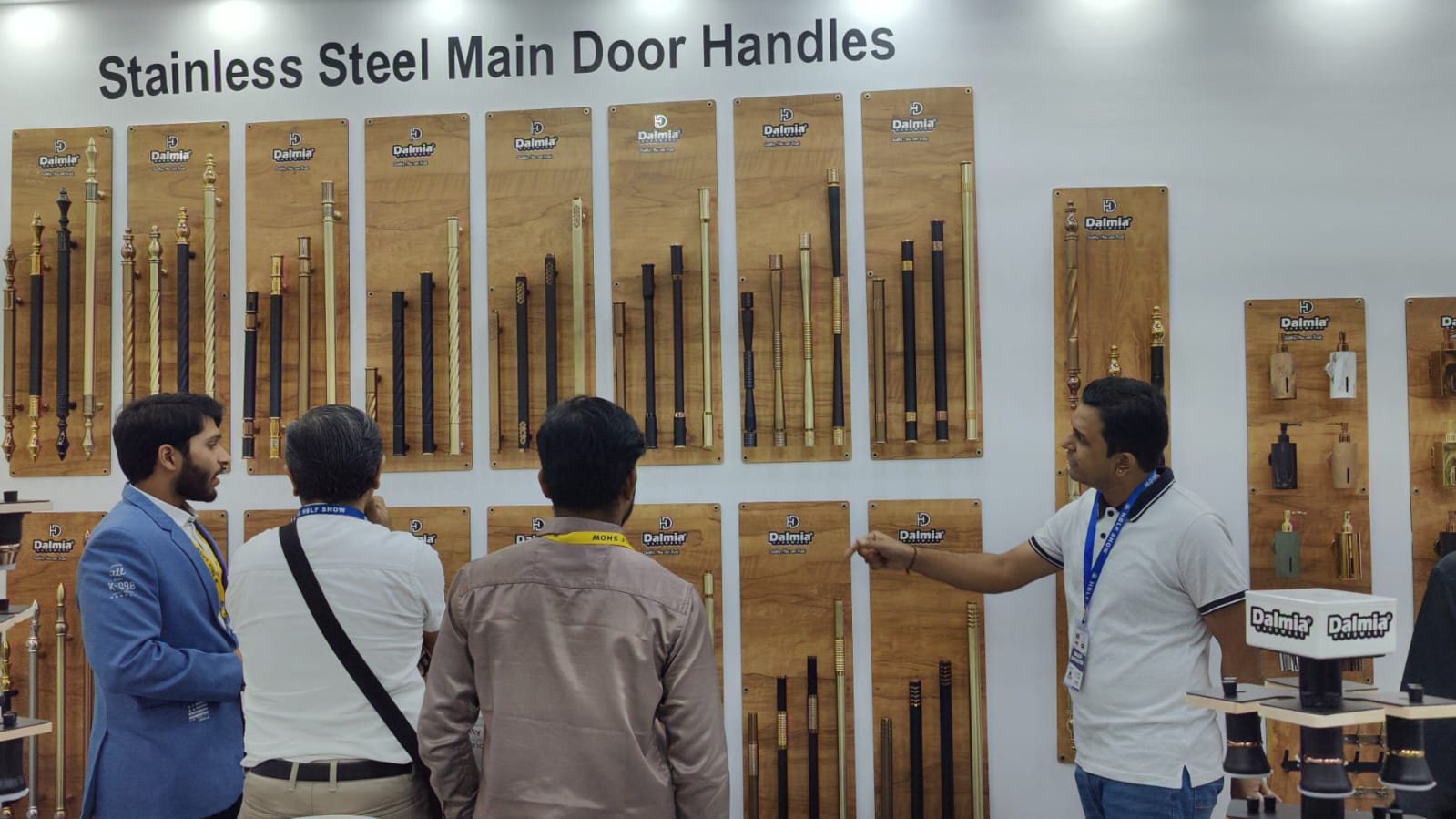 Stainless steel main door handles on display at the Dalmia Hardware HBLF Bangalore 2026 stall