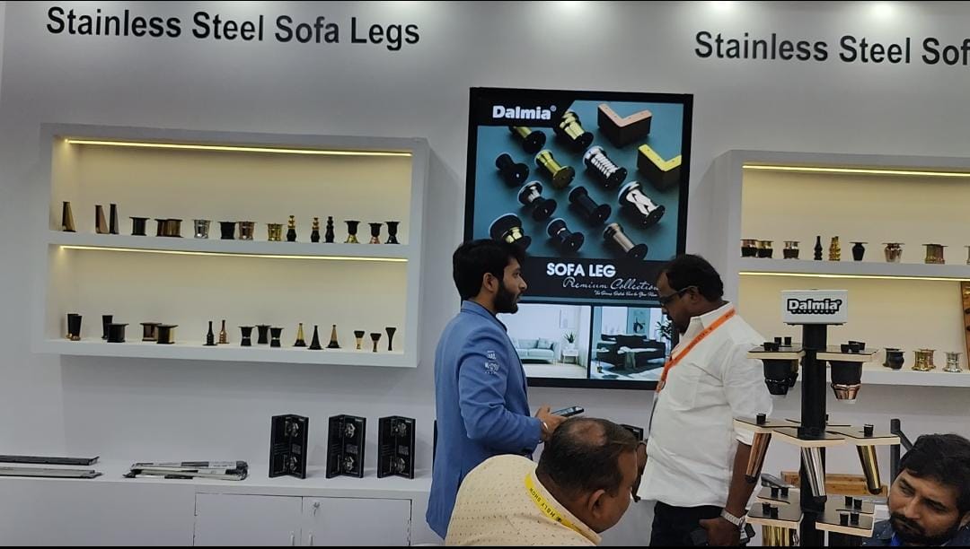 Stainless steel sofa leg collection on display at the Dalmia Hardware HBLF Bangalore 2026 stall